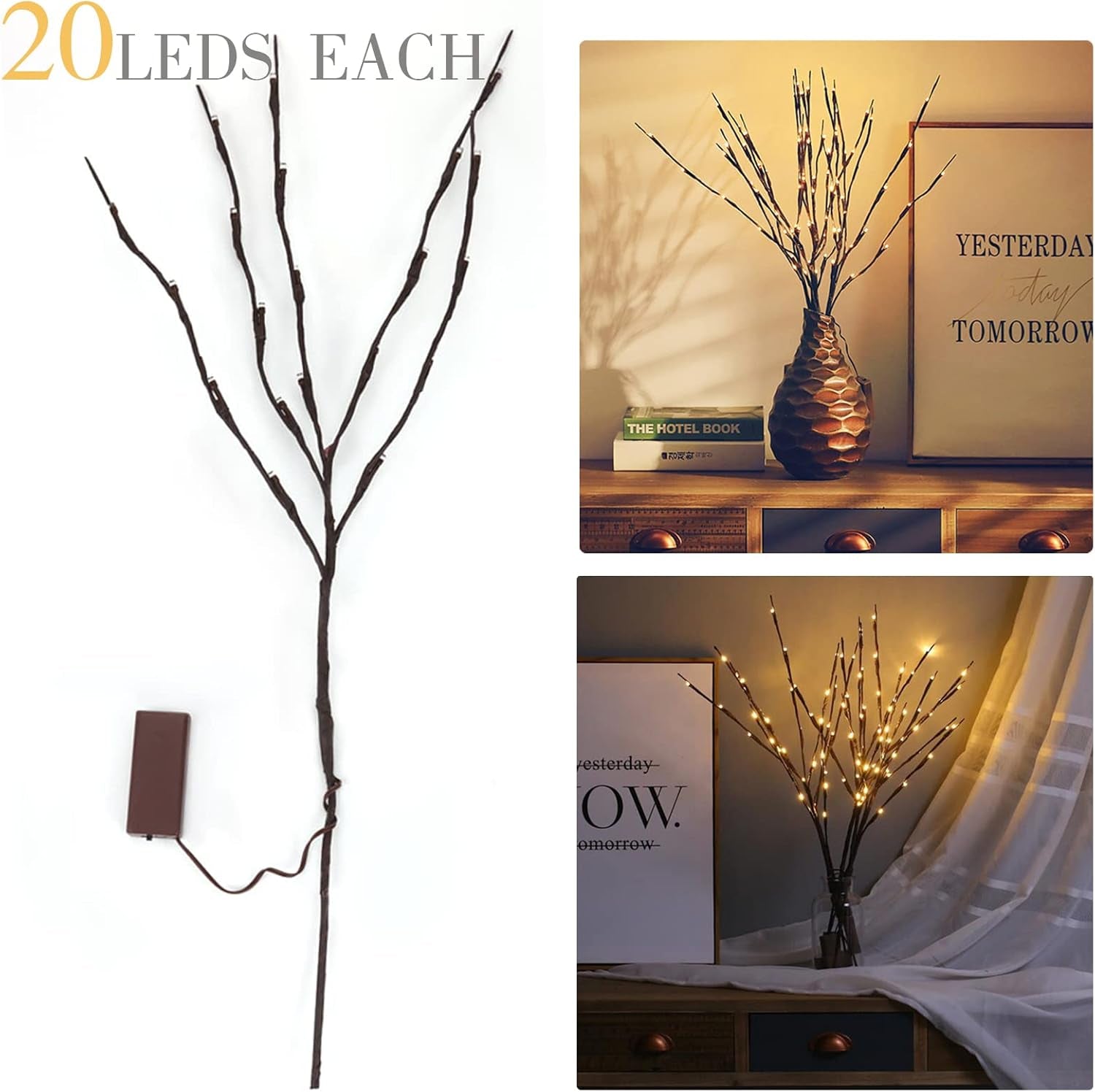 Twig Lighted Branches for Floor Vases Led Branches Lights for Vase Decor Branches Sticks with Floral Lights for Vase Battery Operated Tree Branches with Lights, 30 In, Pack of 2, Warm White