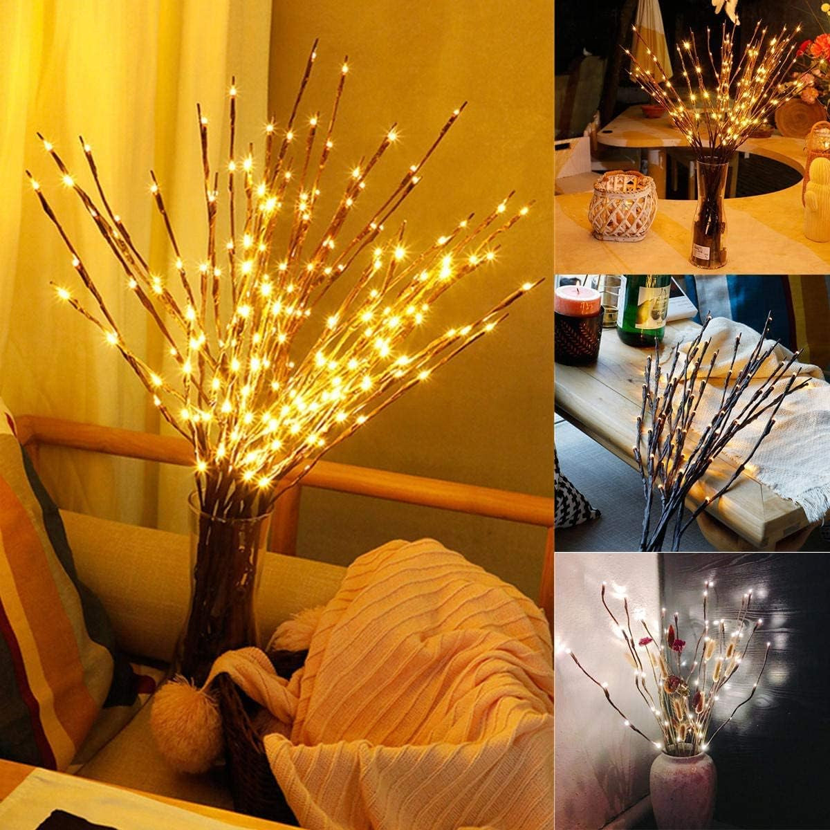 Twig Lighted Branches for Floor Vases Led Branches Lights for Vase Decor Branches Sticks with Floral Lights for Vase Battery Operated Tree Branches with Lights, 30 In, Pack of 2, Warm White